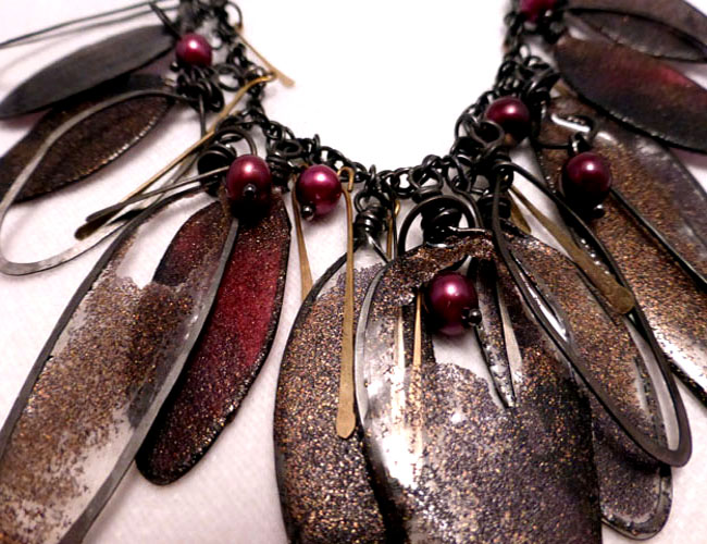 Hammered leaves with resin, copper paddles, and red freshwater pearls necklace